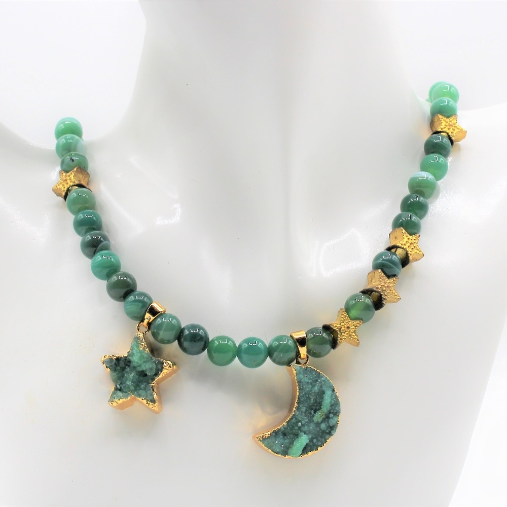Green agate moon and stars statement necklace